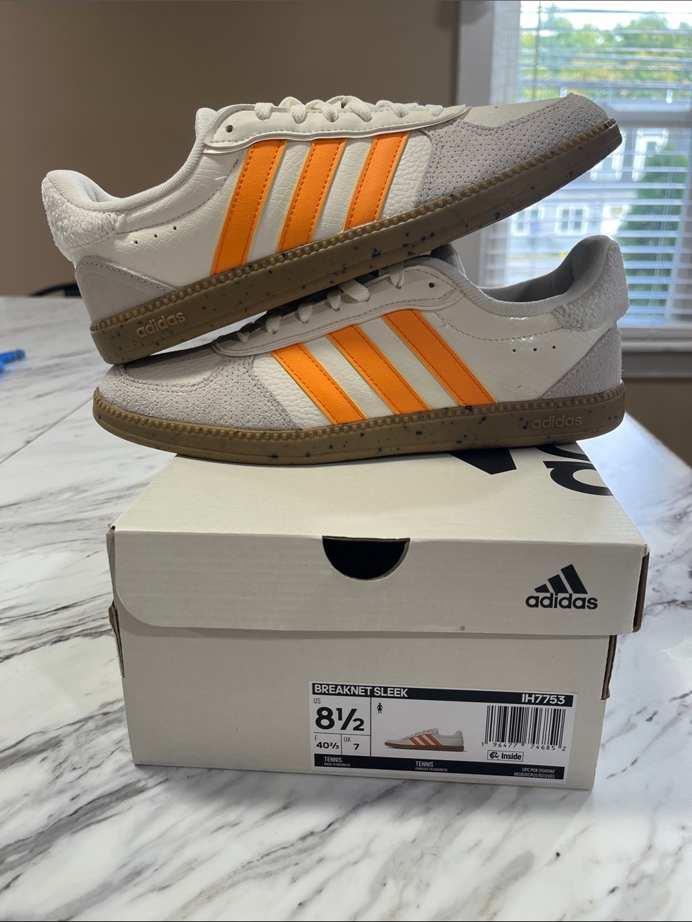 adidas Women’s Breaknet Sleek Cream Sneakers with Orange Stripes